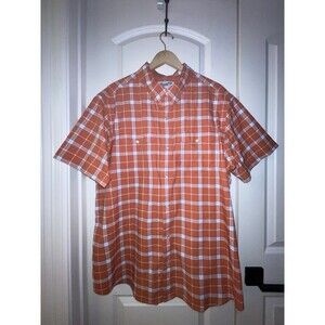 Men’s Duluth Trading XL Orange Plaid Short Sleeve Pearl Snap Standard Fit Shirt